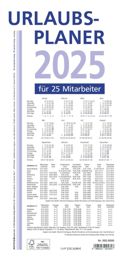 Zettler - Urlaubsplaner 2025 weiß/blau, 100x29,7cm, Wandplaner mit 16 Monaten auf 1 Seite, für 25 Personen, gefalzt auf 14x29,7cm, Monatsübersicht und deutsches Kalendarium