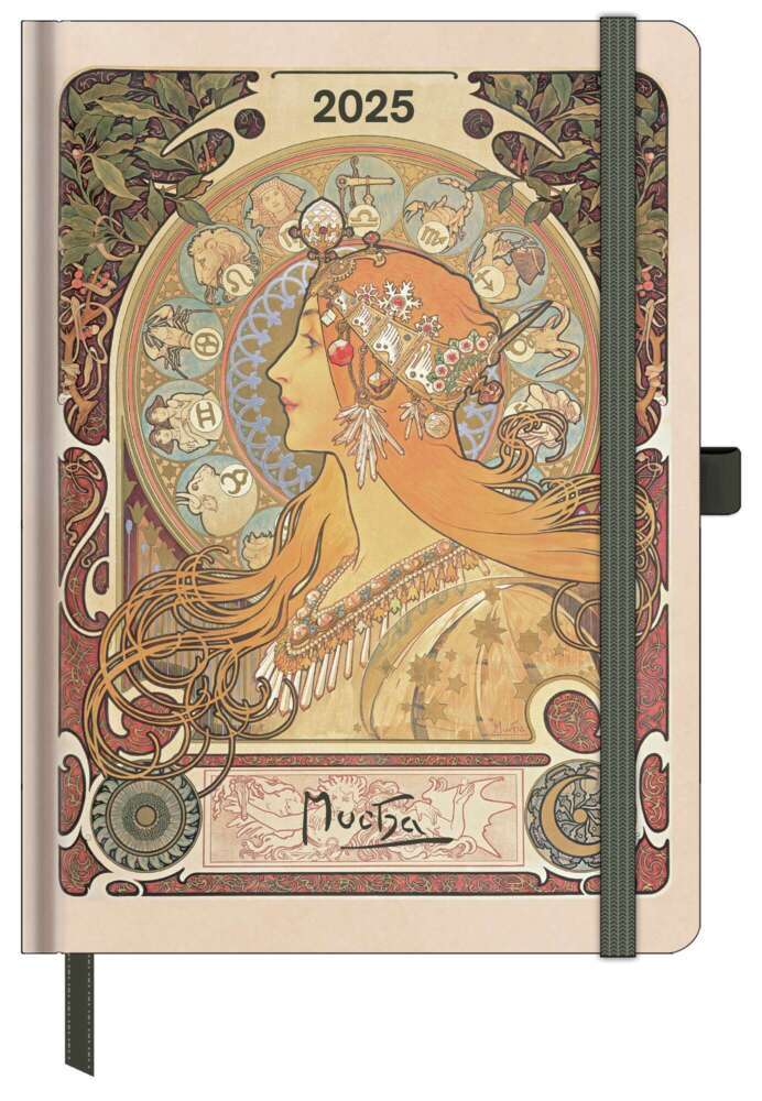 N NEUMANNVERLAGE - Alfons Mucha 2025 ArtDiary, 16x22cm, Taschenkalender mit Banderole und Lesebändchen, Tasche für Visitenkarte, Jahres- und Monatsübersicht und internationales Kalendarium