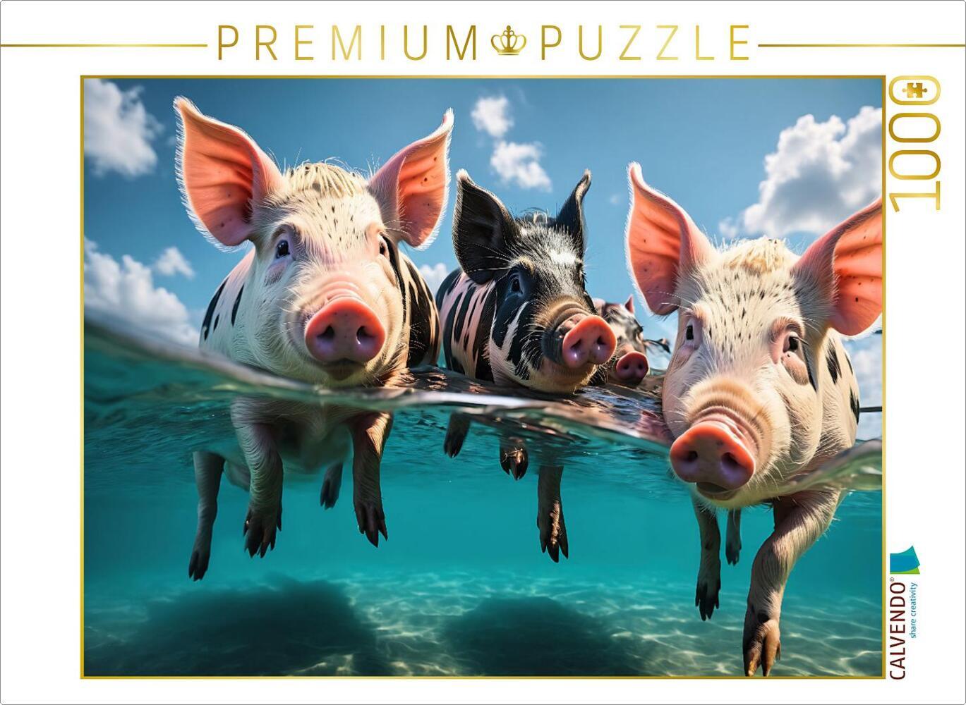 CALVENDO Puzzle Schwimmschweine vergnügen sich in den Wellen | 1000 Teile Lege-Größe 64x48cm Foto-Puzzle für glückliche Stunden