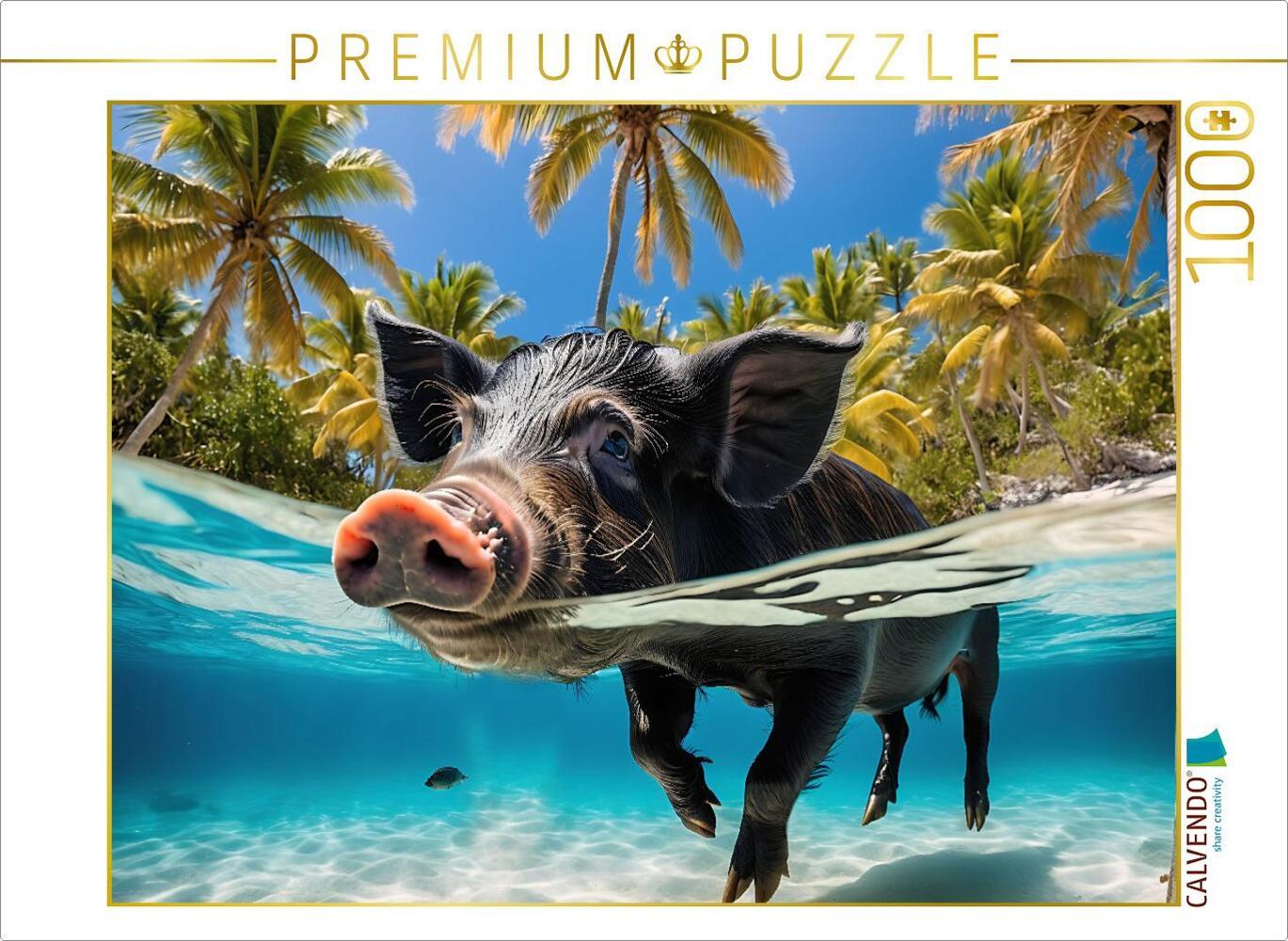 CALVENDO Puzzle Schwarzes Schwein schwimmt im türkisblauen Wasser der Karibik | 1000 Teile Lege-Größe 64x48cm Foto-Puzzle für glückliche Stunden
