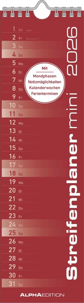 Streifenplaner Mini Rot 2026 - Streifen-Kalender 9,5x33 cm - Küchenkalender - Wandplaner - Alpha Edition