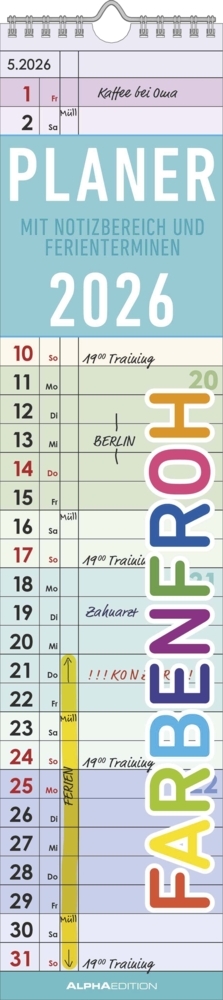 Planer Farbenfroh 2026 - Streifen-Kalender 11,3x49x5 cm  - Küchenkalender - Wandplaner - Alpha Edition