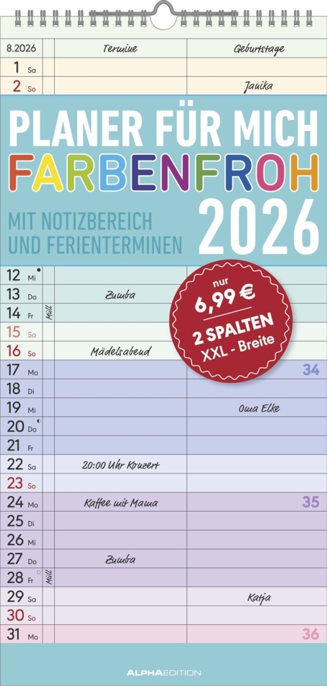 Planer für mich Farbenfroh 2026 - Familien-Timer 22x45 cm - mit Ferienterminen - Wand-Planer - mit vielen Zusatzinformationen - Alpha Edition